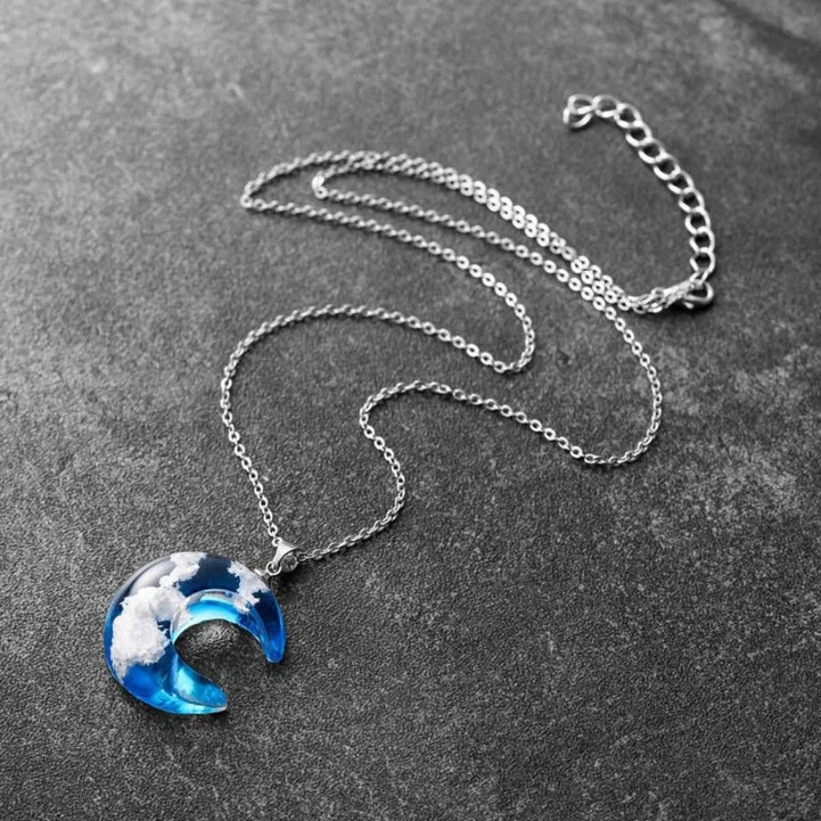 Chic Blue Sky Cloud Moon Shaped Resin Necklace - silverfoxgoods