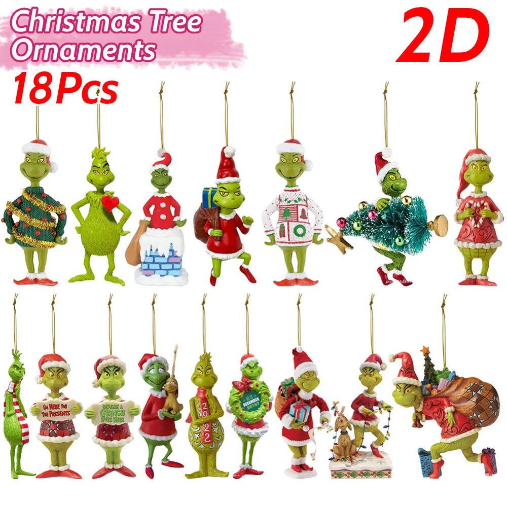 18Pcs 2D Acrylic Christmas Tree Green Monsters Ornaments Cute Green Monsters Christmas Tree Pendants Christmas Cartoon Ornaments - silverfoxgoods