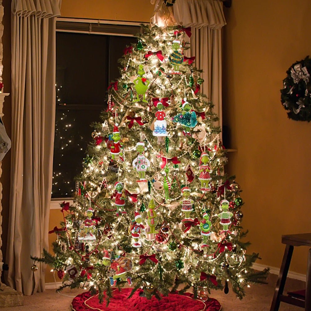 18Pcs 2D Acrylic Christmas Tree Green Monsters Ornaments Cute Green Monsters Christmas Tree Pendants Christmas Cartoon Ornaments - silverfoxgoods