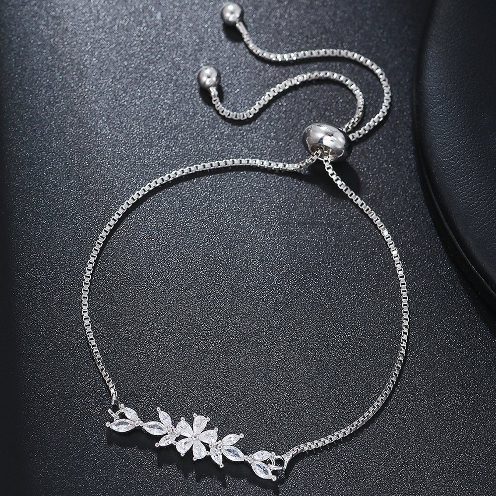 1pcs Fashionable Zircon Bracelet Silver Flower Leaf Drawstring Design Chain Inlaid Gold - plated Bracelet Suitable For Women's Daily Holiday Wear - silverfoxgoods