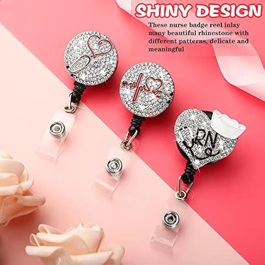 3 Pieces Badge Reel Retractable Nursing Holder Bling Rhinestone ID Holder with Clip Diamond Heart Badge Clip for School Hospit - silverfoxgoods
