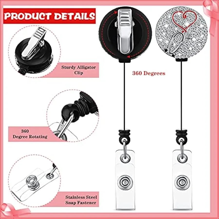 3 Pieces Badge Reel Retractable Nursing Holder Bling Rhinestone ID Holder with Clip Diamond Heart Badge Clip for School Hospit - silverfoxgoods