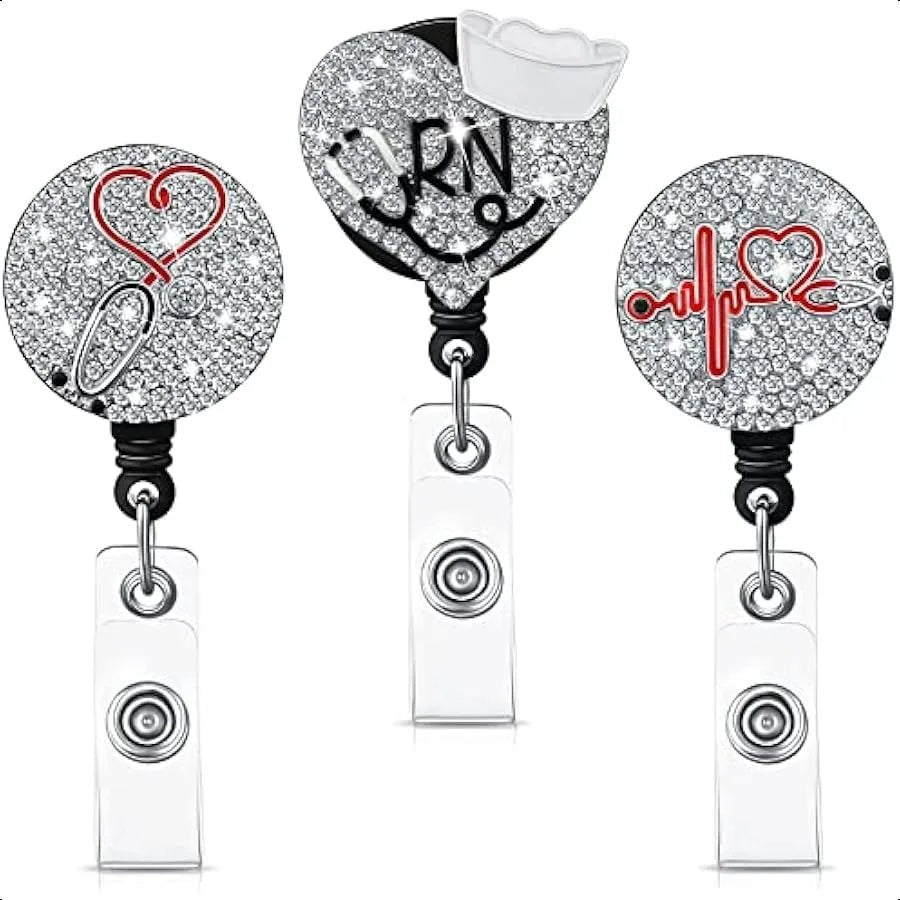 3 Pieces Badge Reel Retractable Nursing Holder Bling Rhinestone ID Holder with Clip Diamond Heart Badge Clip for School Hospit - silverfoxgoods