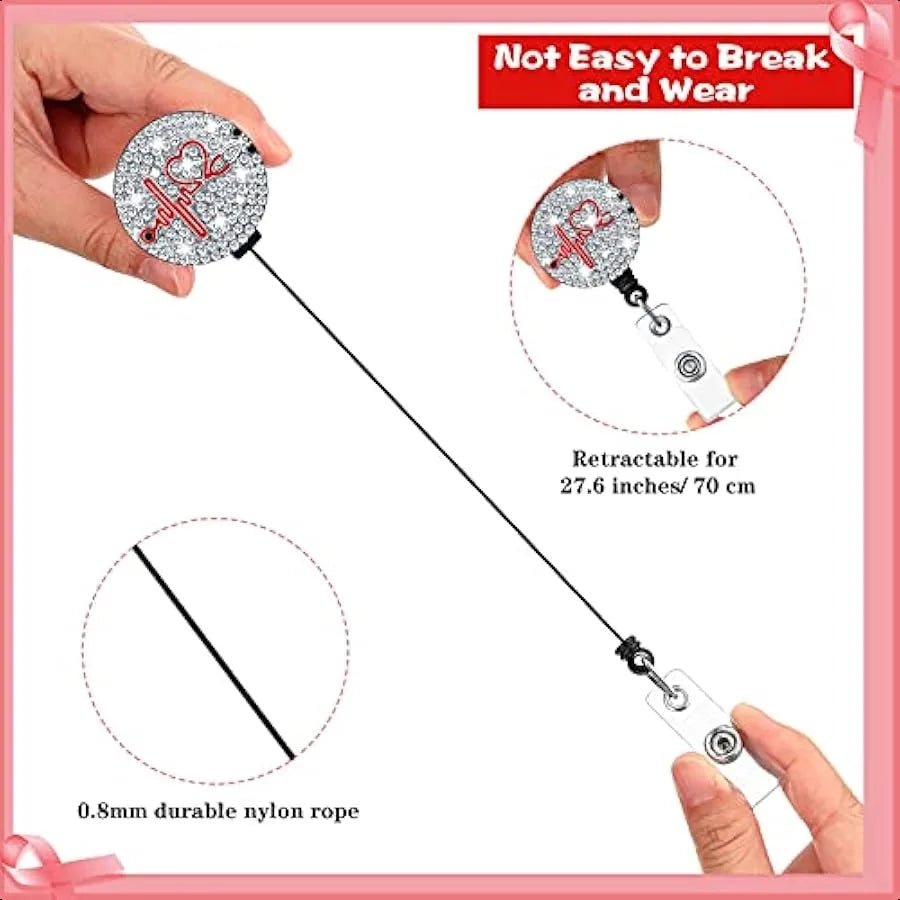 3 Pieces Badge Reel Retractable Nursing Holder Bling Rhinestone ID Holder with Clip Diamond Heart Badge Clip for School Hospit - silverfoxgoods