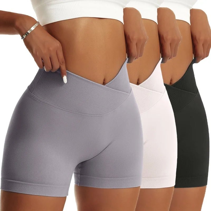 High Waist Yoga Scrunch Butt Shorts, 3-Piece Set - Peach - silverfoxgoods