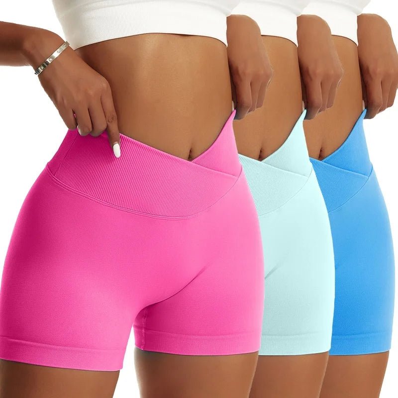 High Waist Yoga Scrunch Butt Shorts, 3-Piece Set - Peach - silverfoxgoods