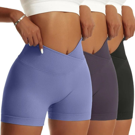 High Waist Yoga Scrunch Butt Shorts, 3-Piece Set - Peach - silverfoxgoods
