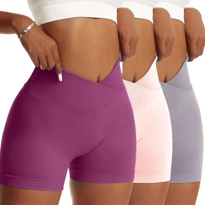 High Waist Yoga Scrunch Butt Shorts, 3-Piece Set - Peach - silverfoxgoods