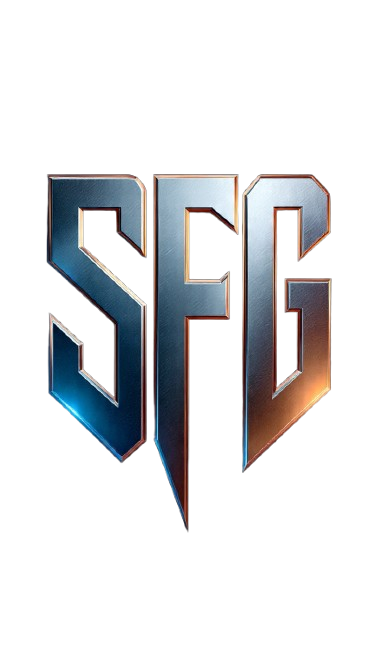 Metallic 'SFG' logo on a white background