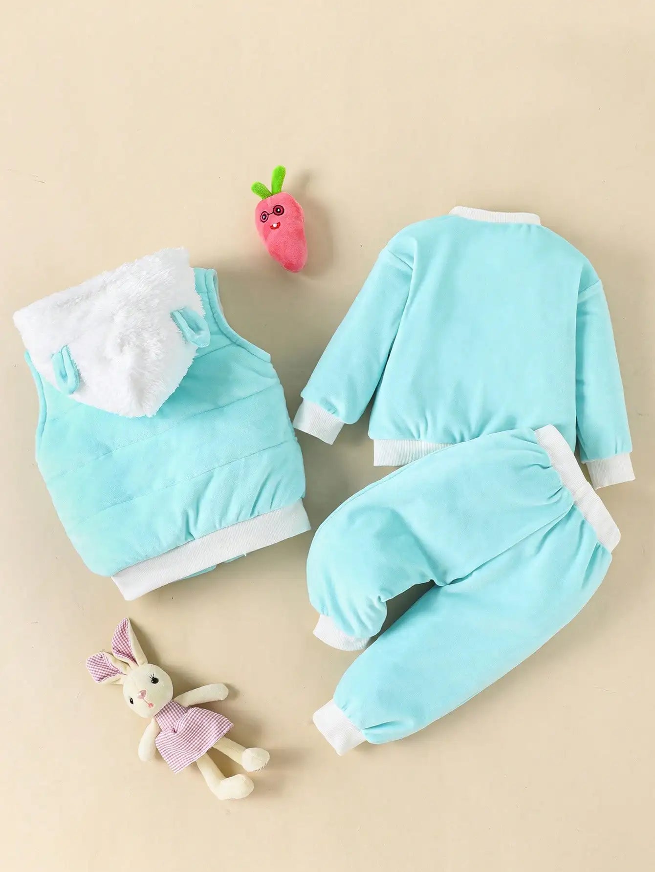 A Sweet And Cute Rabbit Embroidery Set for Baby Girls - Cotton - Padded Jacket And Vest w/pants (3 - Piece Set) - silverfoxgoods