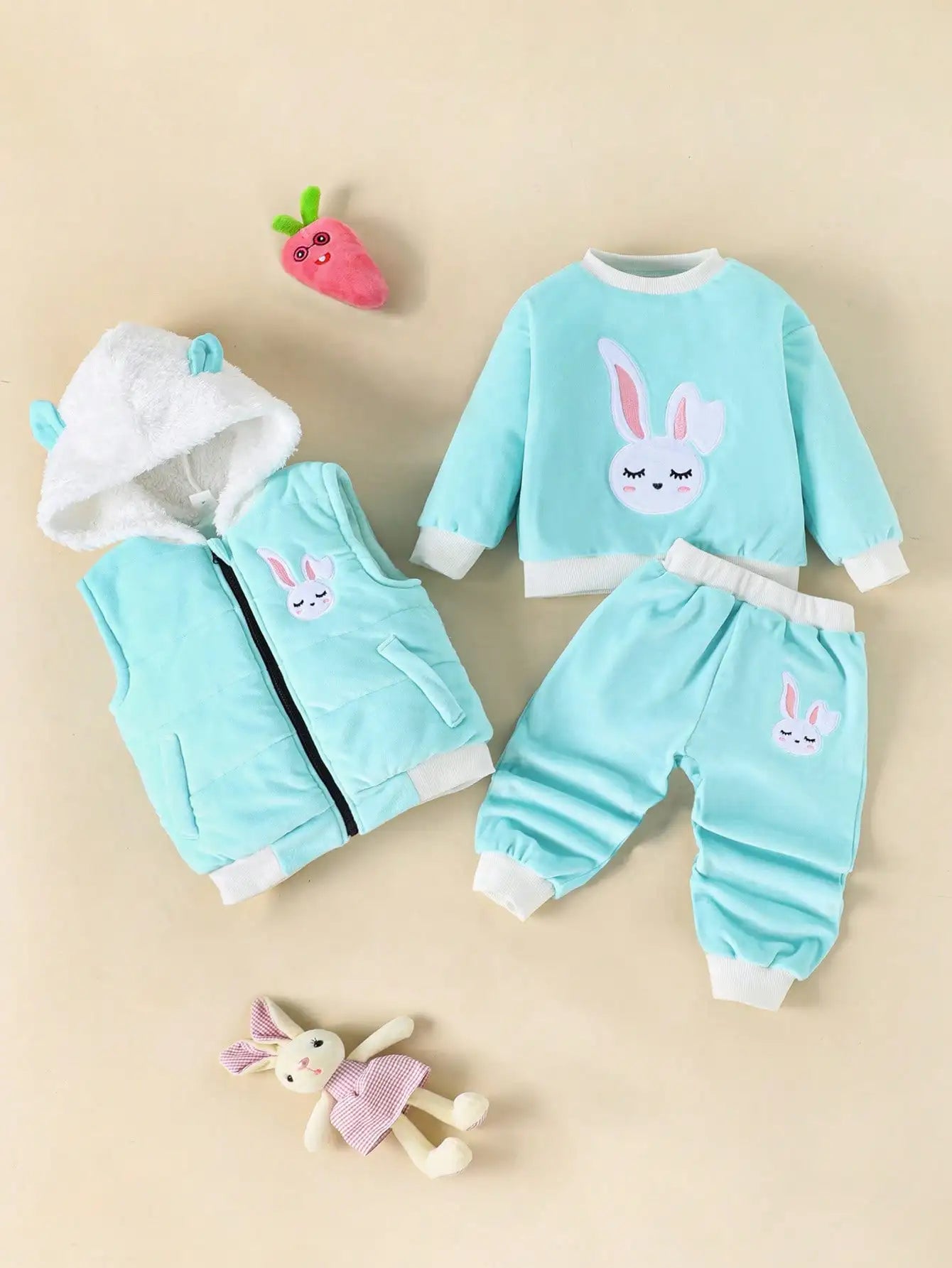 A Sweet And Cute Rabbit Embroidery Set for Baby Girls - Cotton - Padded Jacket And Vest w/pants (3 - Piece Set) - silverfoxgoods
