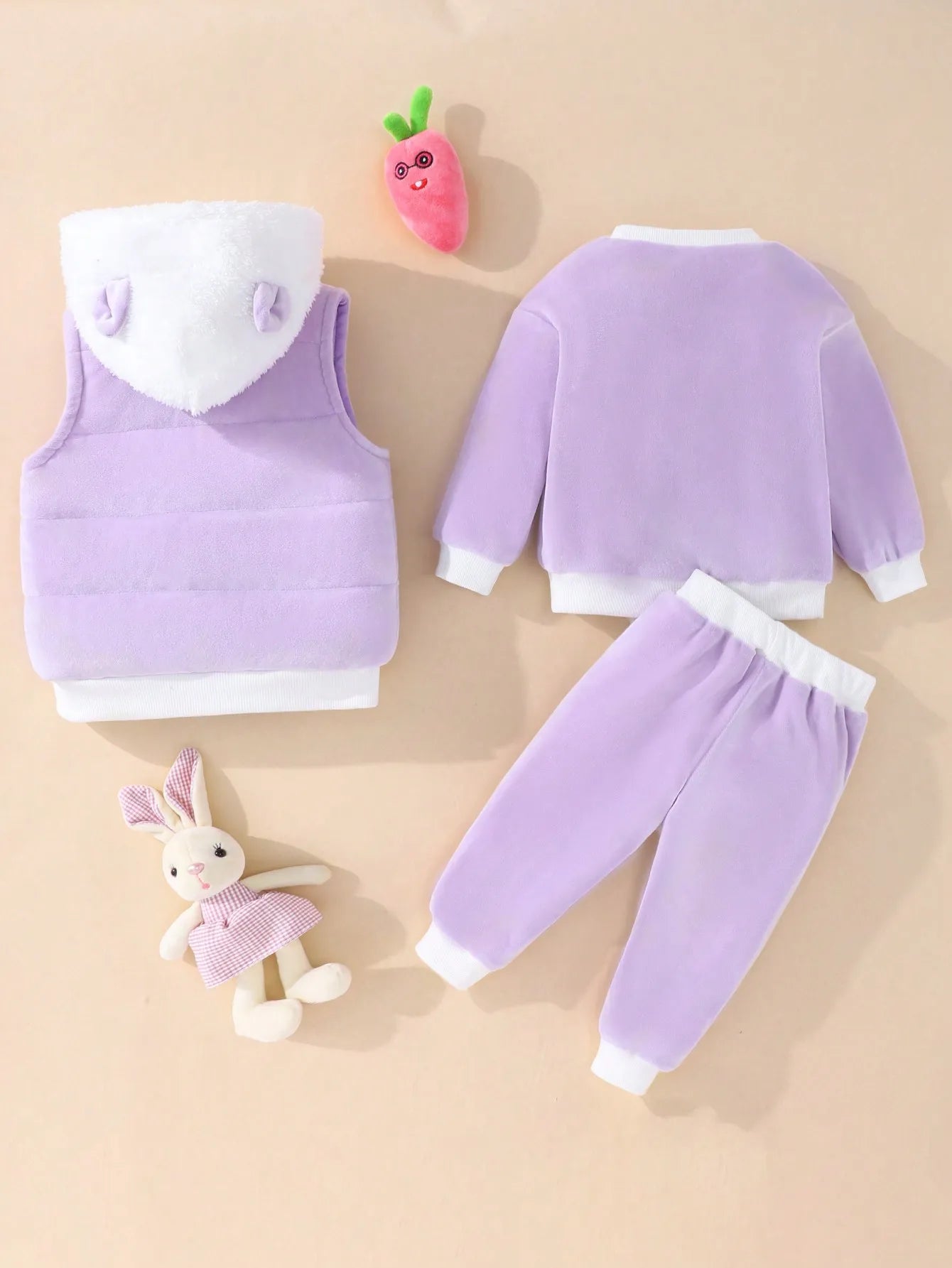 A Sweet And Cute Rabbit Embroidery Set for Baby Girls - Cotton - Padded Jacket And Vest w/pants (3 - Piece Set) - silverfoxgoods