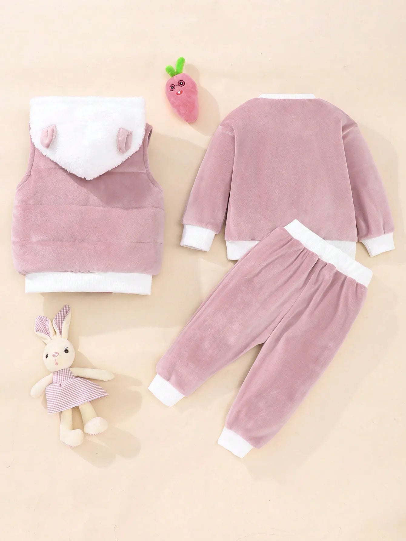 A Sweet And Cute Rabbit Embroidery Set for Baby Girls - Cotton - Padded Jacket And Vest w/pants (3 - Piece Set) - silverfoxgoods