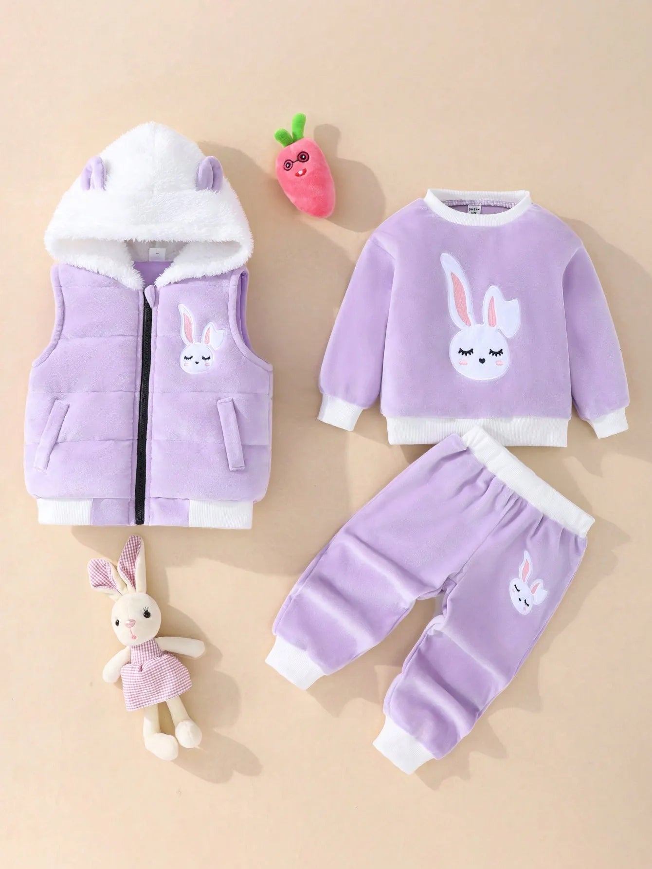 A Sweet And Cute Rabbit Embroidery Set for Baby Girls - Cotton - Padded Jacket And Vest w/pants (3 - Piece Set) - silverfoxgoods