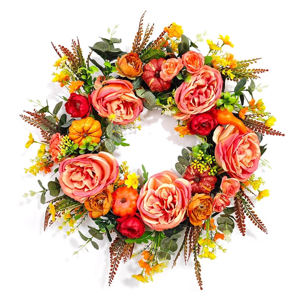 Autumn Round Wreath Decorative Artificial Autumn Garland Festival Theme Farmhouse Party Decoration - silverfoxgoods