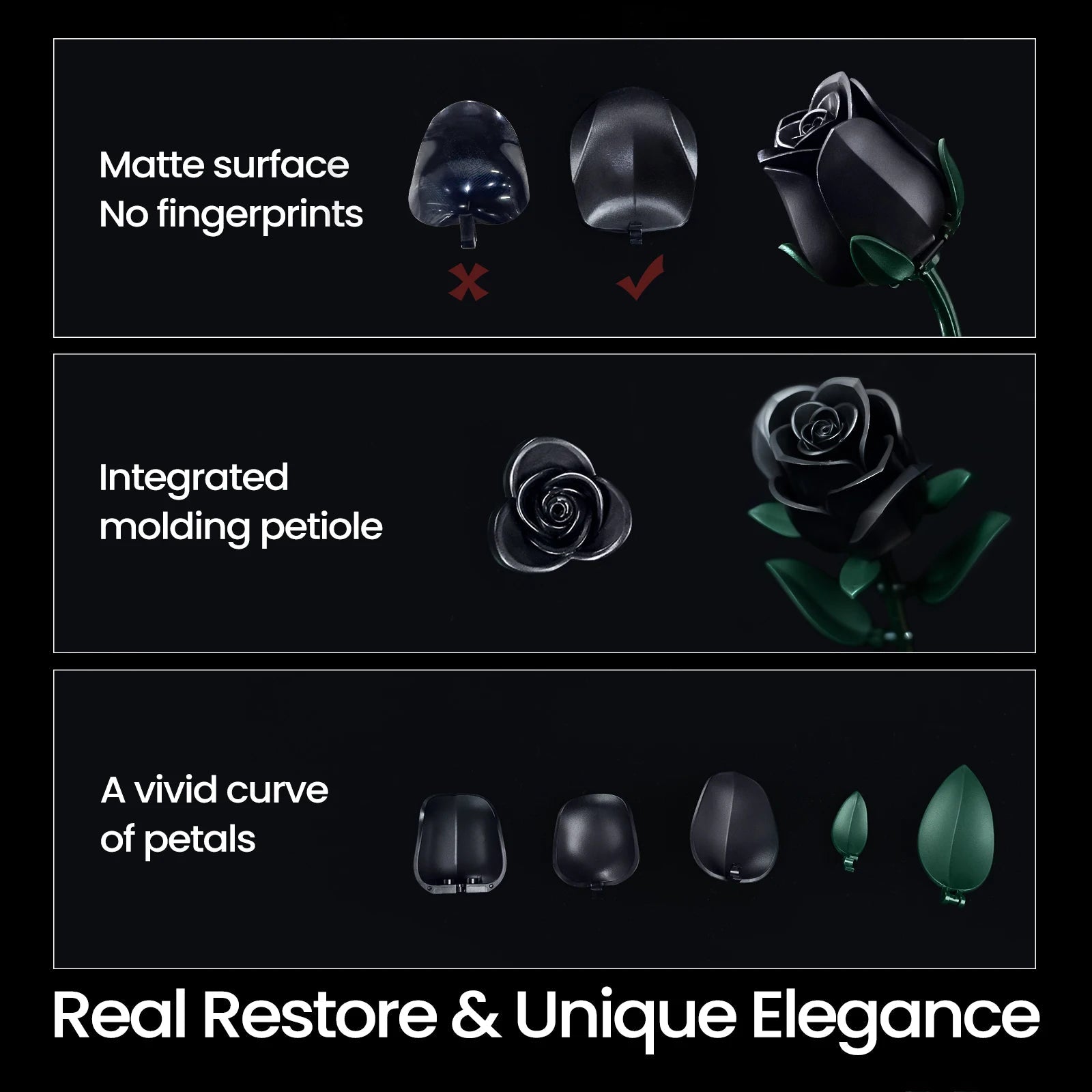 Black Roses building block set, 3-piece floral bouquet model for home décor