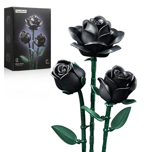 Black Roses building block set, 3-piece floral bouquet model for home décor