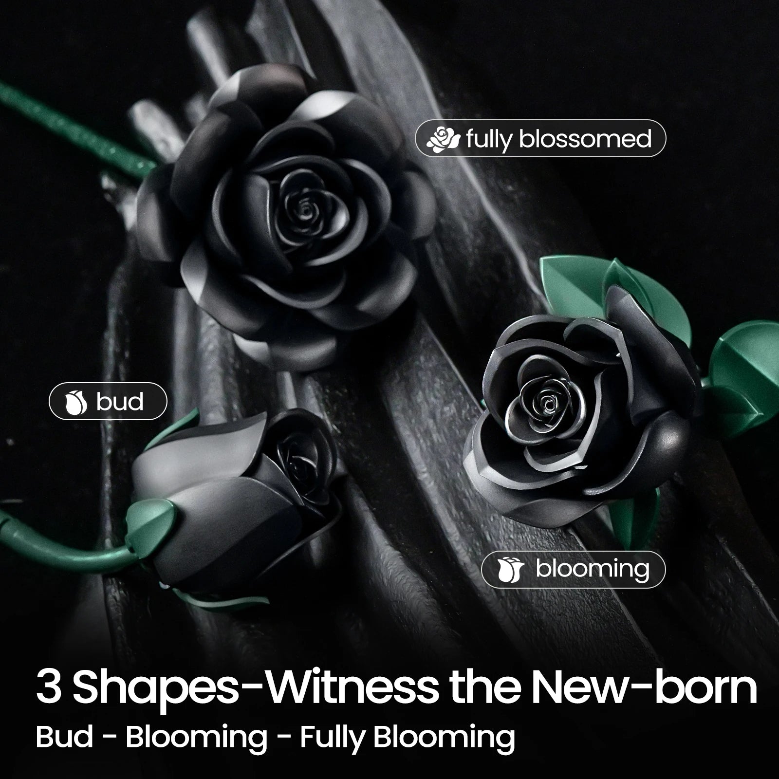 Black Roses building block set, 3-piece floral bouquet model for home décor