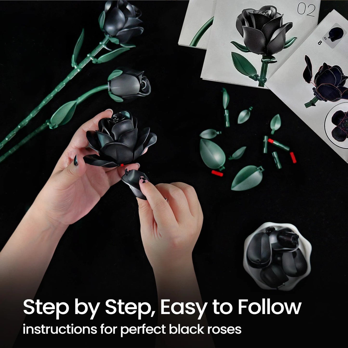 Black Roses building block set, 3-piece floral bouquet model for home décor