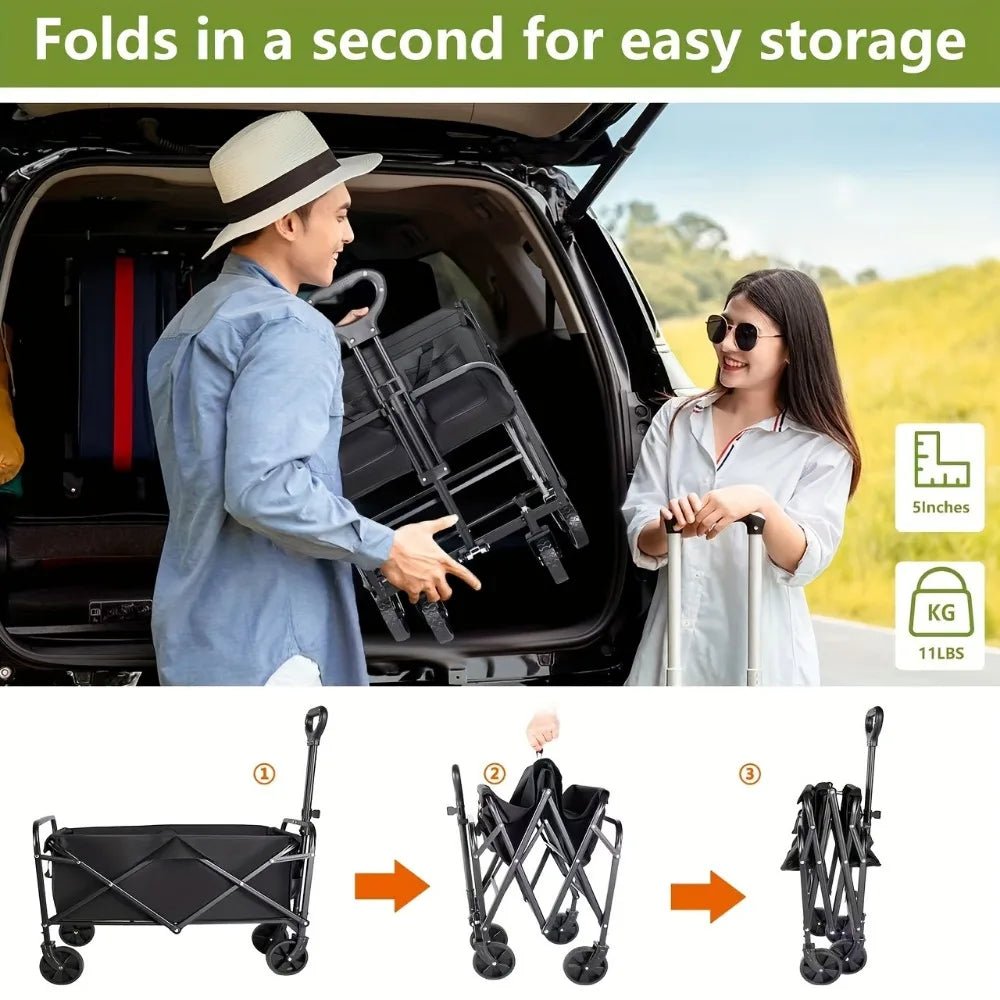 Capacity Heavy-Duty All-Terrain Folding Cart - Stainless Steel Frame and Foldable Multi-Purpose Wagon for Camping, -