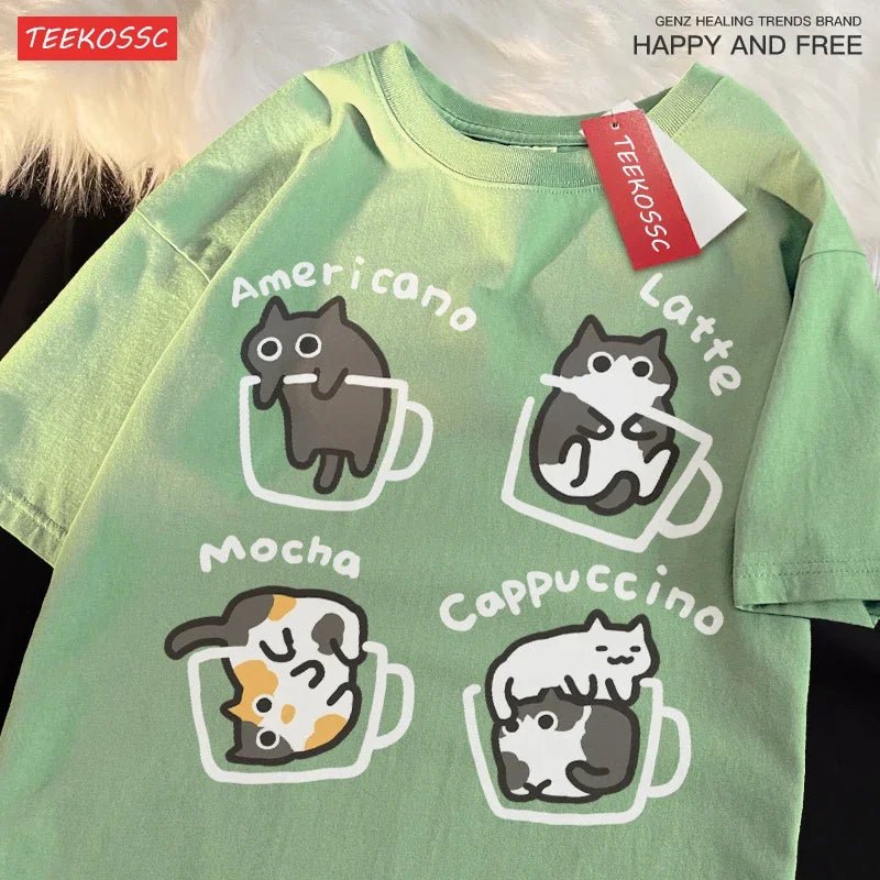 Cat Coffee Pure Cotton Trendy Summer Loose Short Sleeved T-shirt Men Women Original Mocha Latte Cat Three Flowers Fun Cat Tees - silverfoxgoods
