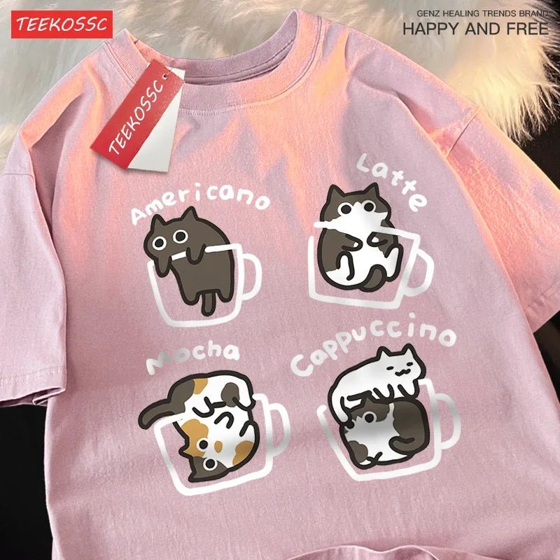 Cat Coffee Pure Cotton Trendy Summer Loose Short Sleeved T-shirt Men Women Original Mocha Latte Cat Three Flowers Fun Cat Tees - silverfoxgoods