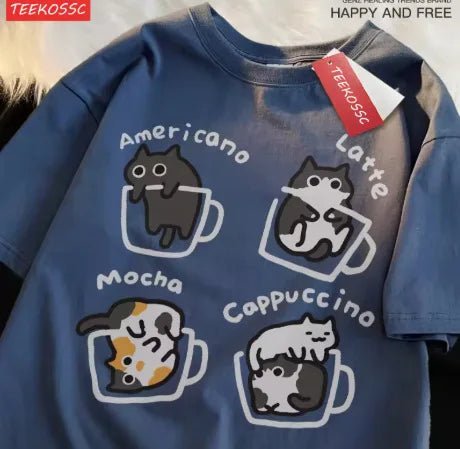 Cat Coffee Pure Cotton Trendy Summer Loose Short Sleeved T-shirt Men Women Original Mocha Latte Cat Three Flowers Fun Cat Tees - silverfoxgoods