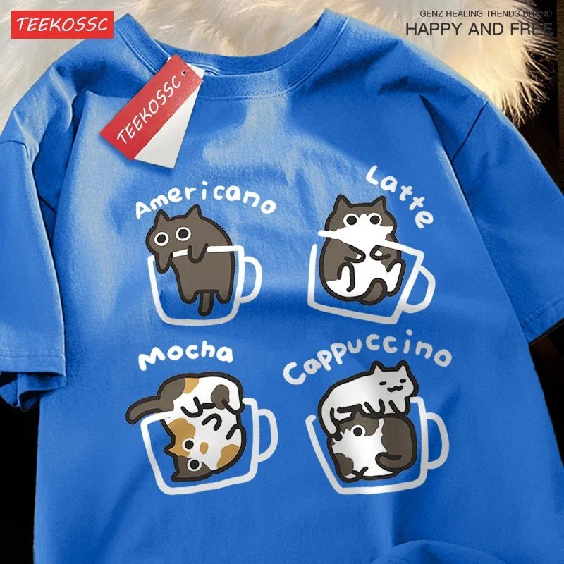 Cat Coffee Pure Cotton Trendy Summer Loose Short Sleeved T-shirt Men Women Original Mocha Latte Cat Three Flowers Fun Cat Tees - silverfoxgoods