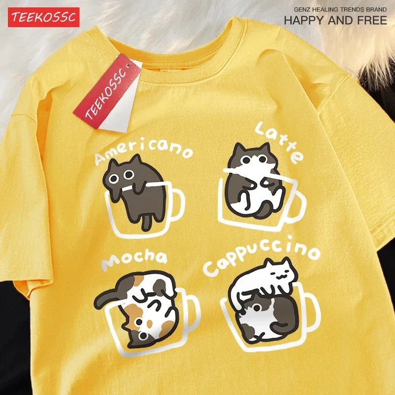 Cat Coffee Pure Cotton Trendy Summer Loose Short Sleeved T-shirt Men Women Original Mocha Latte Cat Three Flowers Fun Cat Tees - silverfoxgoods
