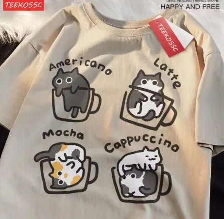 Cat Coffee Pure Cotton Trendy Summer Loose Short Sleeved T-shirt Men Women Original Mocha Latte Cat Three Flowers Fun Cat Tees - silverfoxgoods