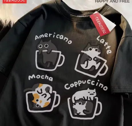 Cat Coffee Pure Cotton Trendy Summer Loose Short Sleeved T-shirt Men Women Original Mocha Latte Cat Three Flowers Fun Cat Tees - silverfoxgoods