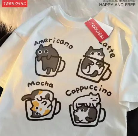 Cat Coffee Pure Cotton Trendy Summer Loose Short Sleeved T-shirt Men Women Original Mocha Latte Cat Three Flowers Fun Cat Tees - silverfoxgoods