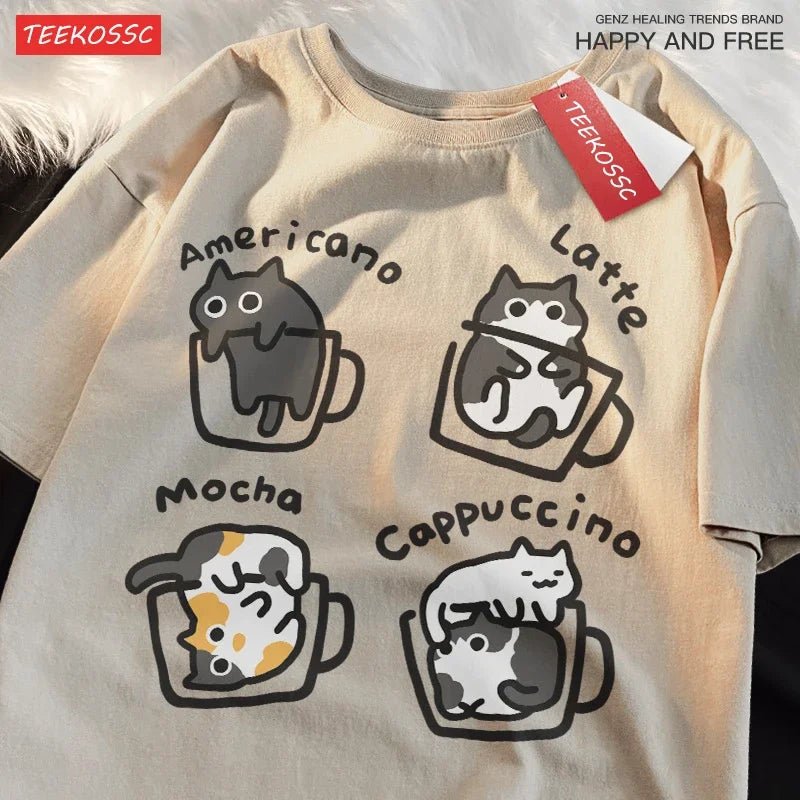 Cat Coffee Pure Cotton Trendy Summer Loose Short Sleeved T-shirt Men Women Original Mocha Latte Cat Three Flowers Fun Cat Tees - silverfoxgoods