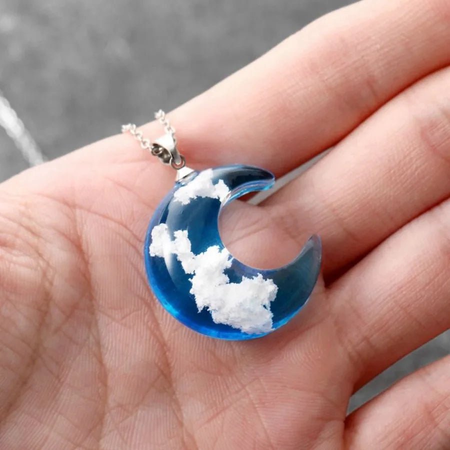 Chic Blue Sky Cloud Moon Shaped Resin Necklace - silverfoxgoods
