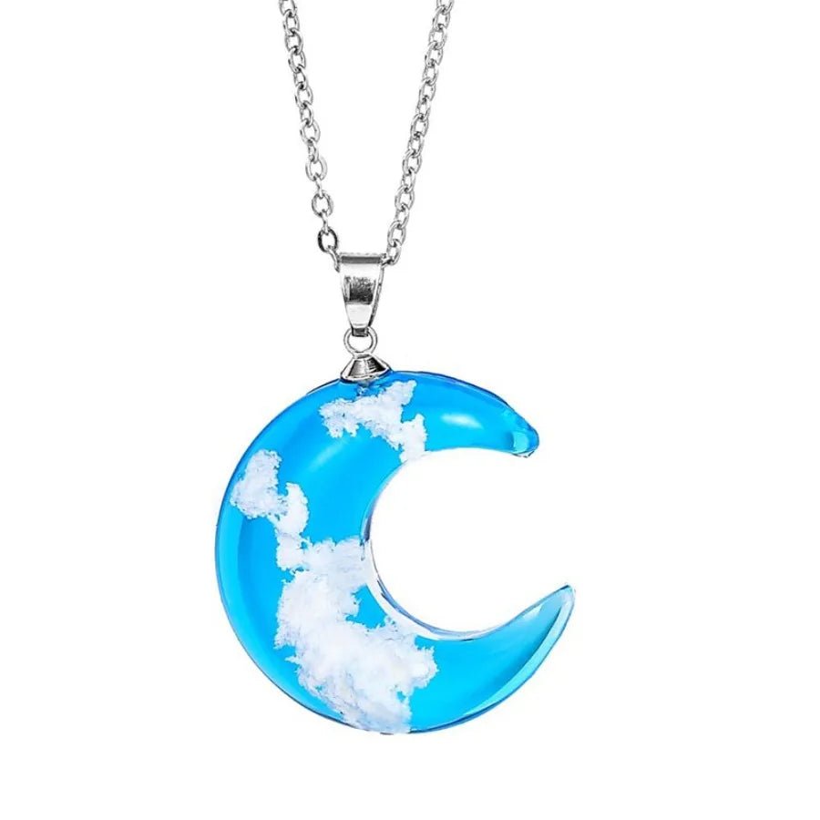 Chic Blue Sky Cloud Moon Shaped Resin Necklace - silverfoxgoods