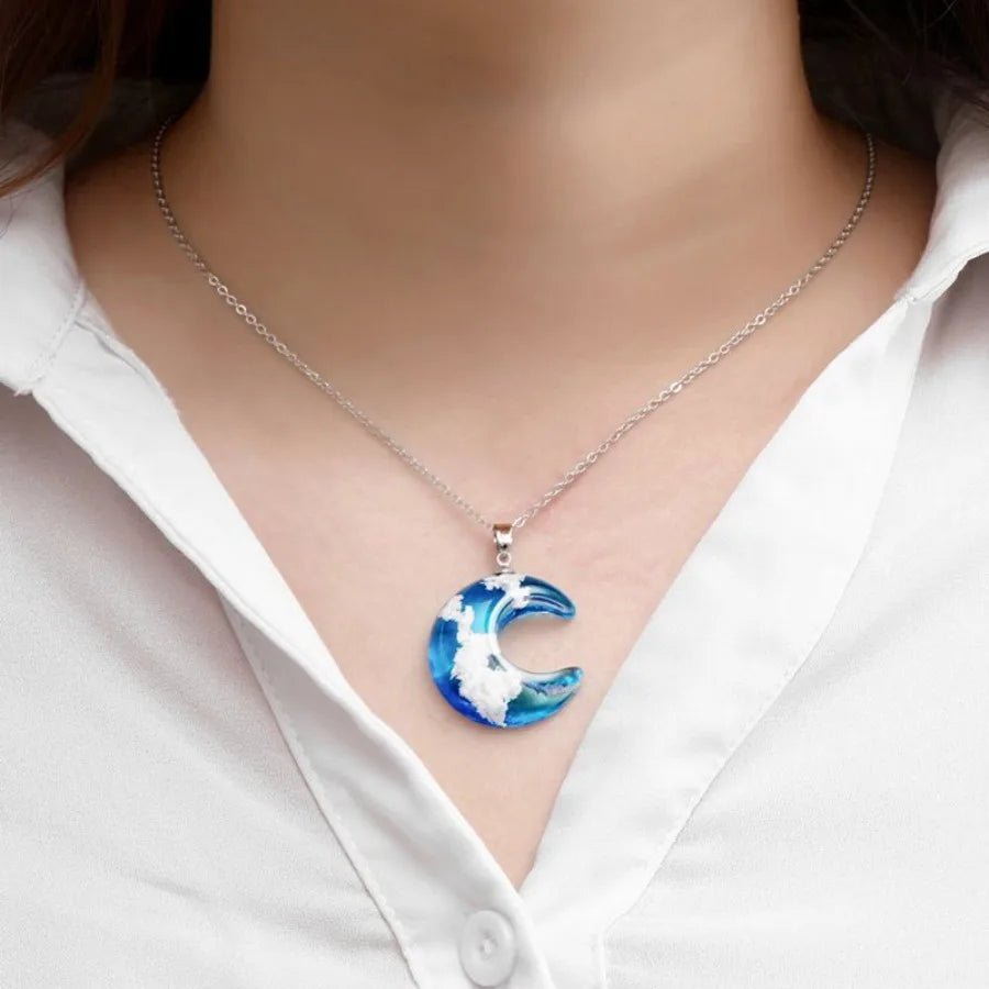Chic Blue Sky Cloud Moon Shaped Resin Necklace - silverfoxgoods