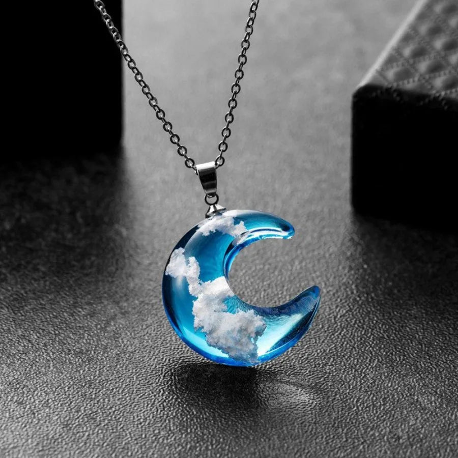 Chic Blue Sky Cloud Moon Shaped Resin Necklace - silverfoxgoods