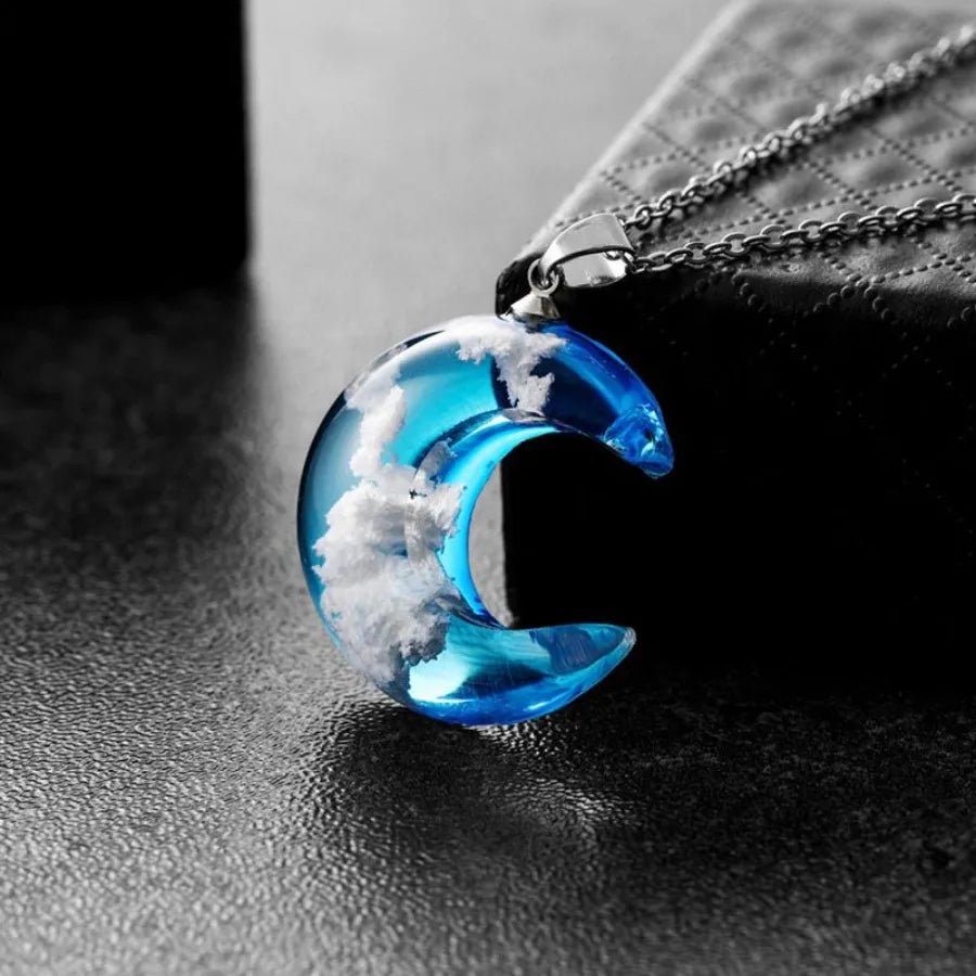 Chic Blue Sky Cloud Moon Shaped Resin Necklace - silverfoxgoods