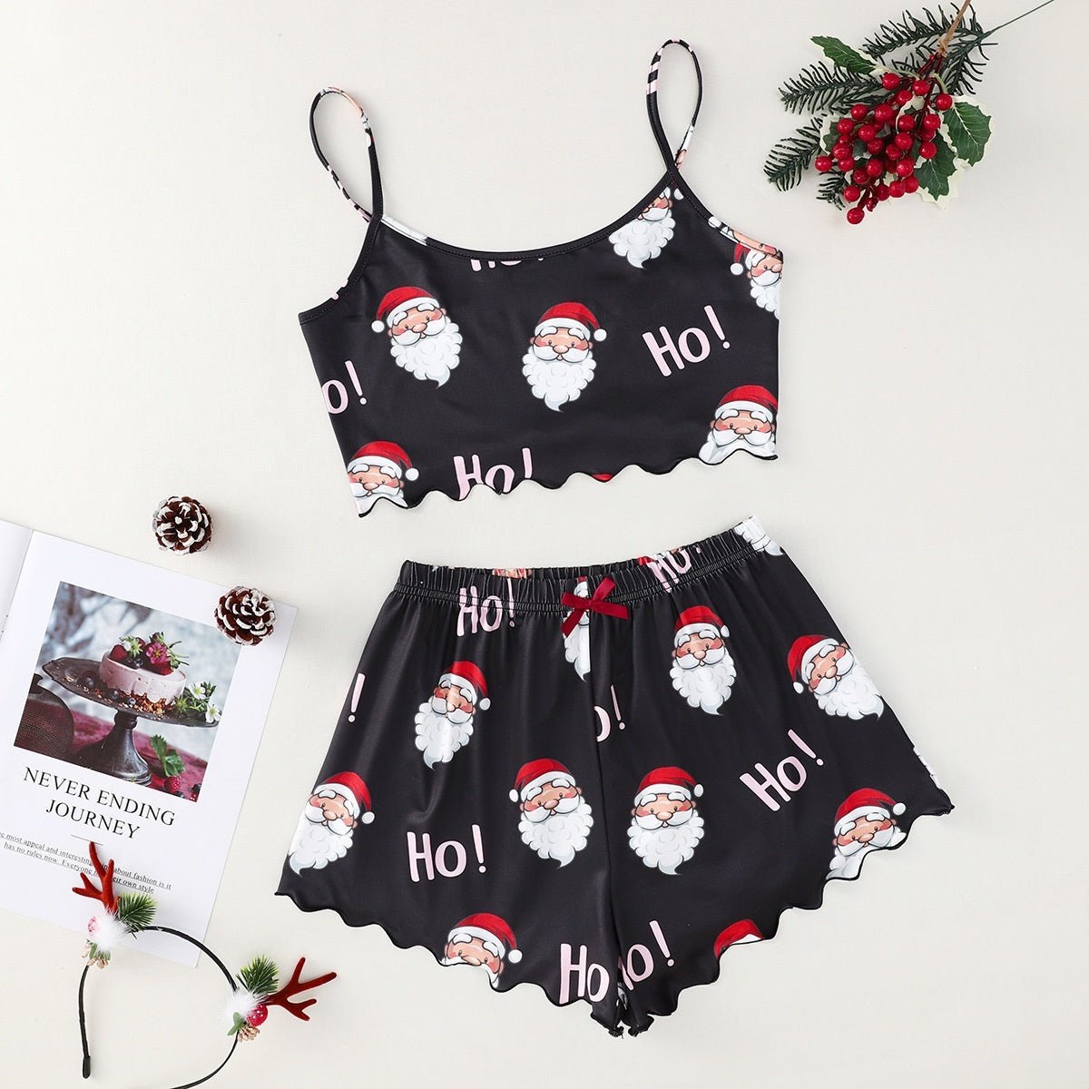 Christmas European And American Thin Pajamas Women's Sleeveless Shorts Milk Silk Simple Casual Two - piece Suit Homewear - silverfoxgoods
