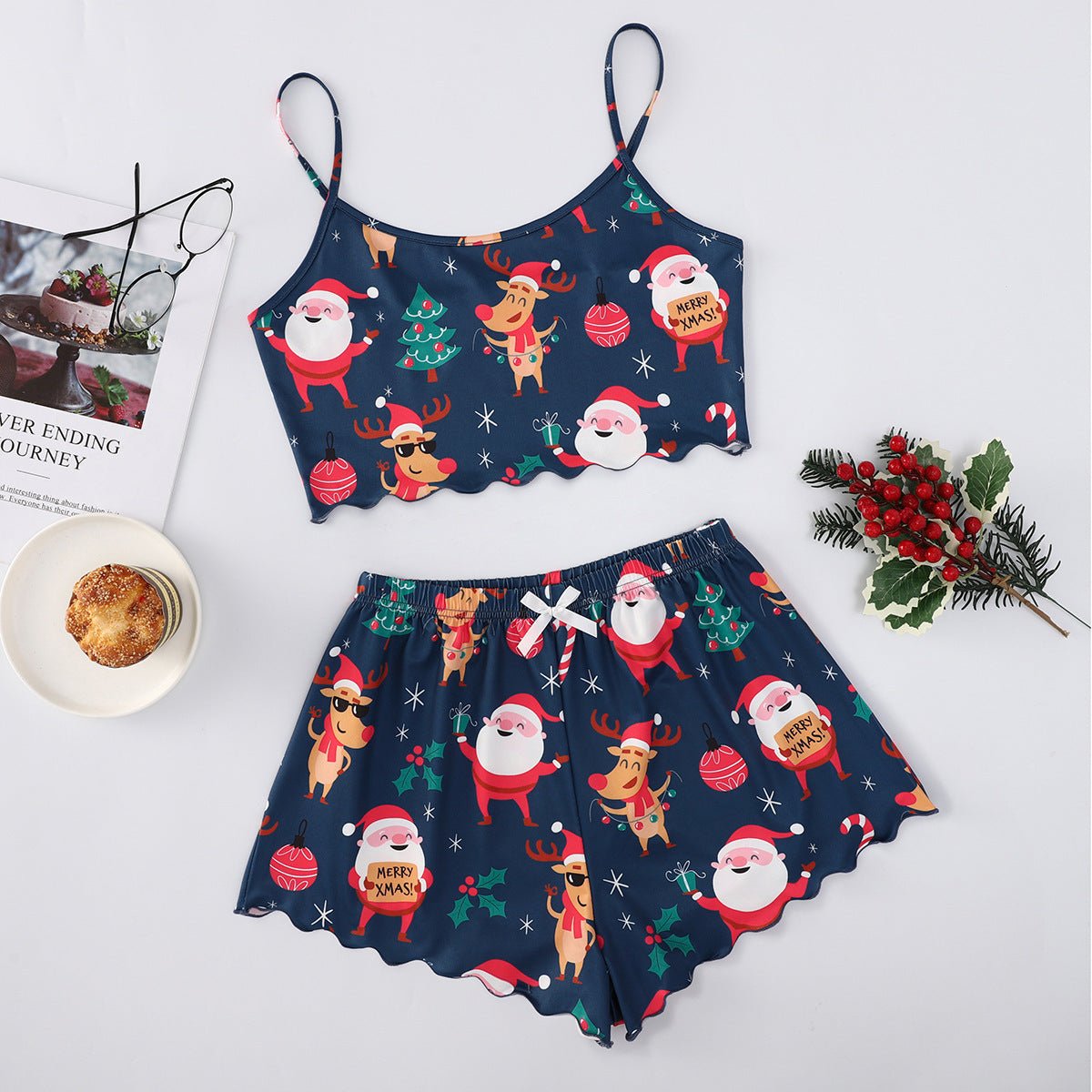 Christmas European And American Thin Pajamas Women's Sleeveless Shorts Milk Silk Simple Casual Two - piece Suit Homewear - silverfoxgoods
