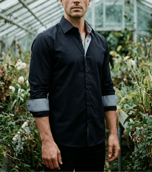 Donny// Cotton Knit - Stretch Button - Up Shirt With Contrast Details // Black // Tailored Fit (Fitted) - silverfoxgoods