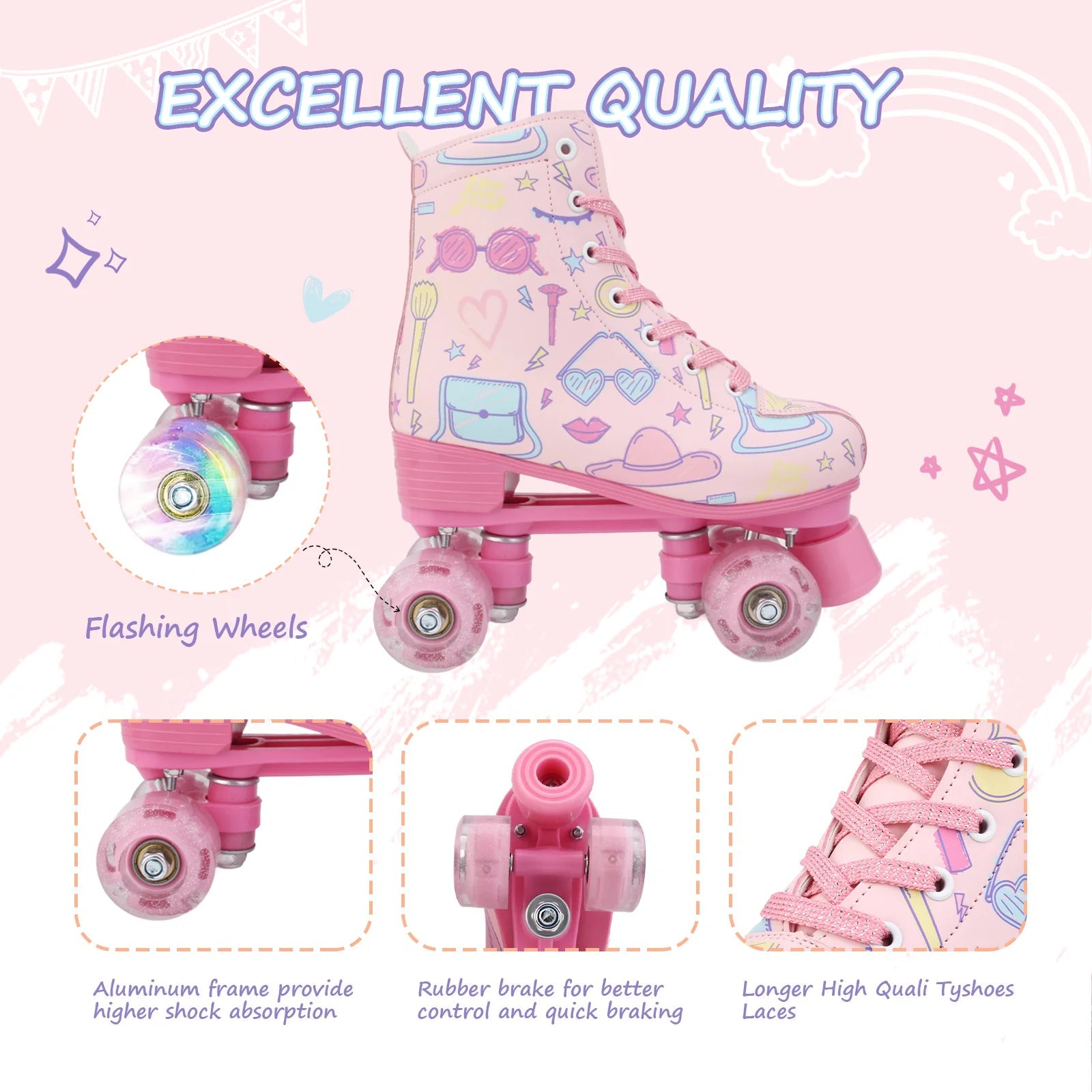 Double-row quad roller skates with flashing wheels for women and girls