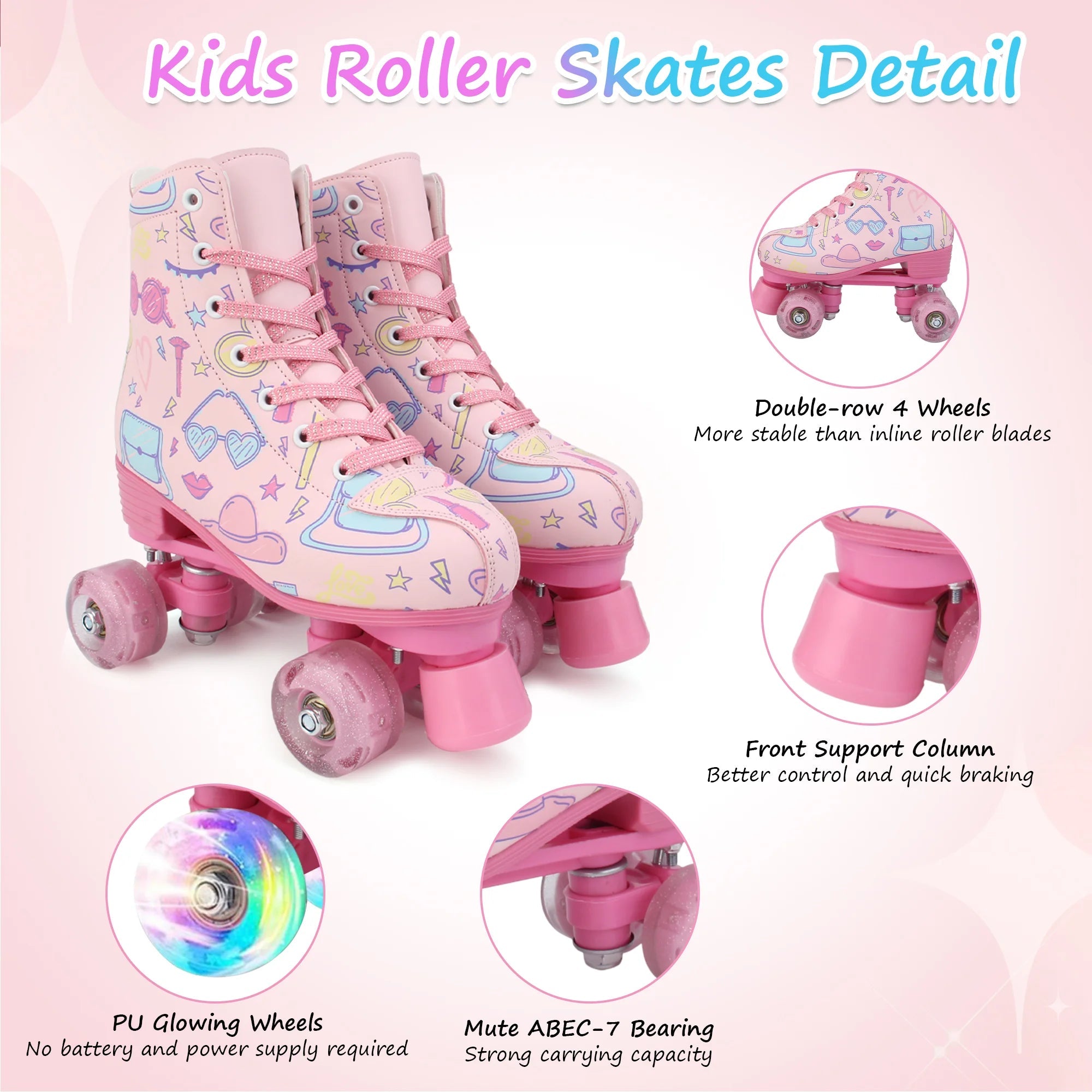 Double-row quad roller skates with flashing wheels for women and girls