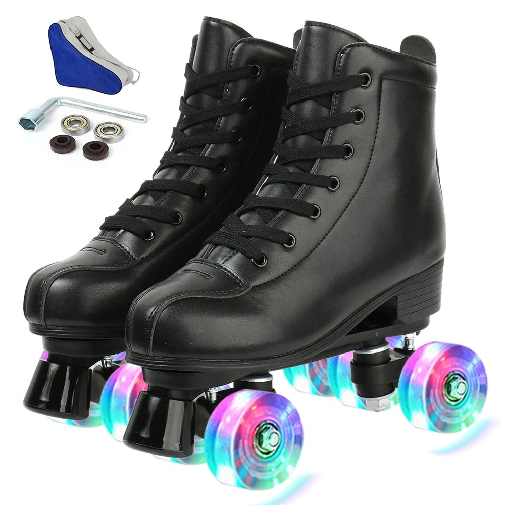Flash 4 Wheel Roller Skates - Adult Women's PU Leather Size 32-45 - silverfoxgoods