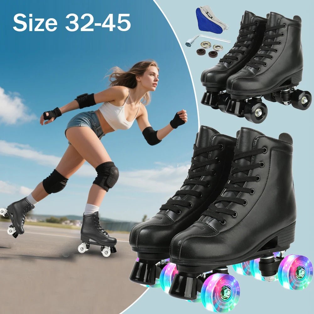 Flash 4 Wheel Roller Skates - Adult Women's PU Leather Size 32-45 - silverfoxgoods