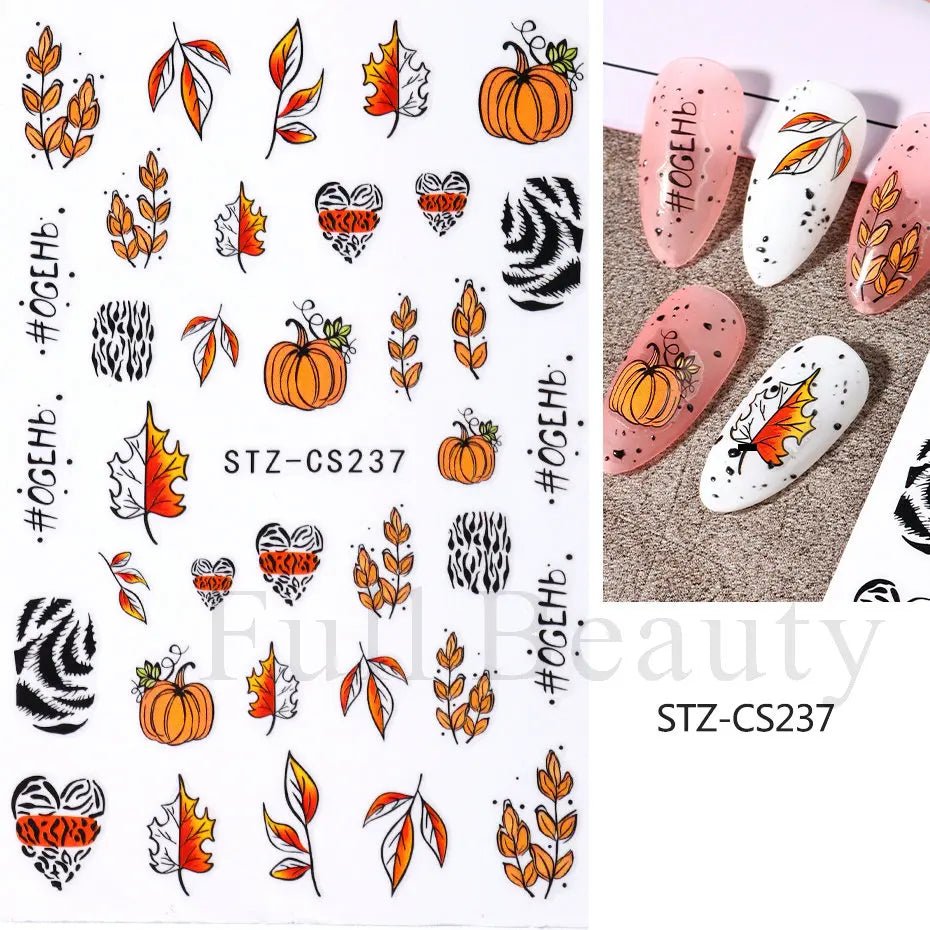 Golden Pumpkin Maple Leaf Pattern Nail Decals Fall Autumn Leaves & Geometric & Letter Stickers - silverfoxgoods