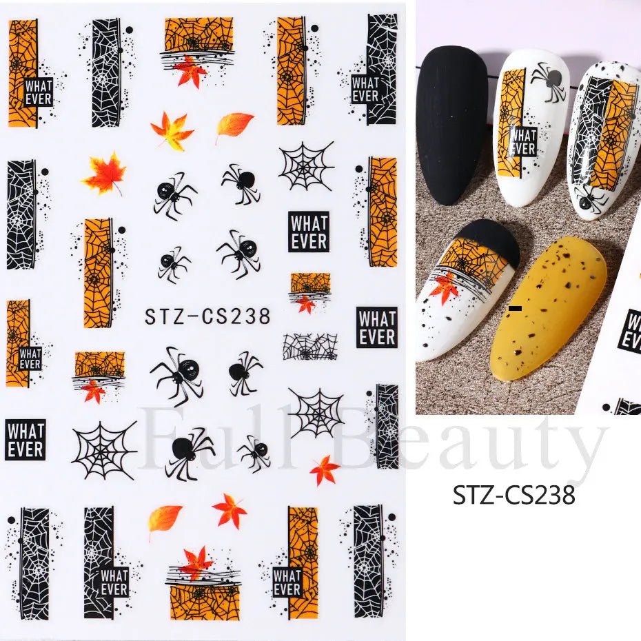 Golden Pumpkin Maple Leaf Pattern Nail Decals Fall Autumn Leaves & Geometric & Letter Stickers - silverfoxgoods