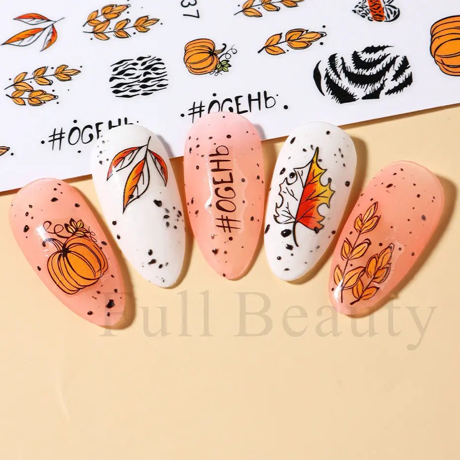 Golden Pumpkin Maple Leaf Pattern Nail Decals Fall Autumn Leaves & Geometric & Letter Stickers - silverfoxgoods