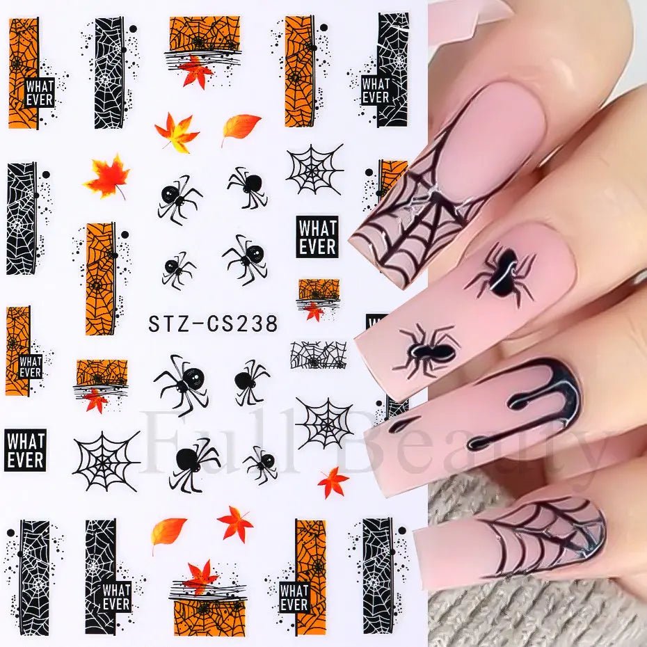Golden Pumpkin Maple Leaf Pattern Nail Decals Fall Autumn Leaves & Geometric & Letter Stickers - silverfoxgoods