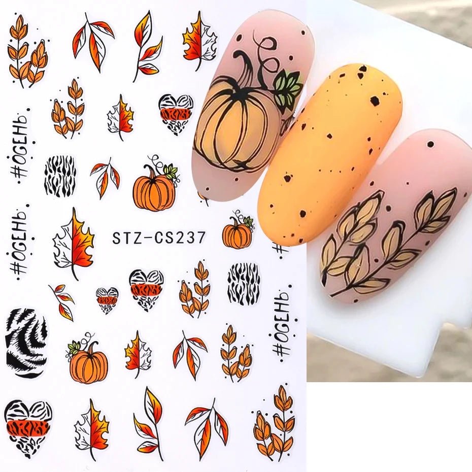 Golden Pumpkin Maple Leaf Pattern Nail Decals Fall Autumn Leaves & Geometric & Letter Stickers - silverfoxgoods